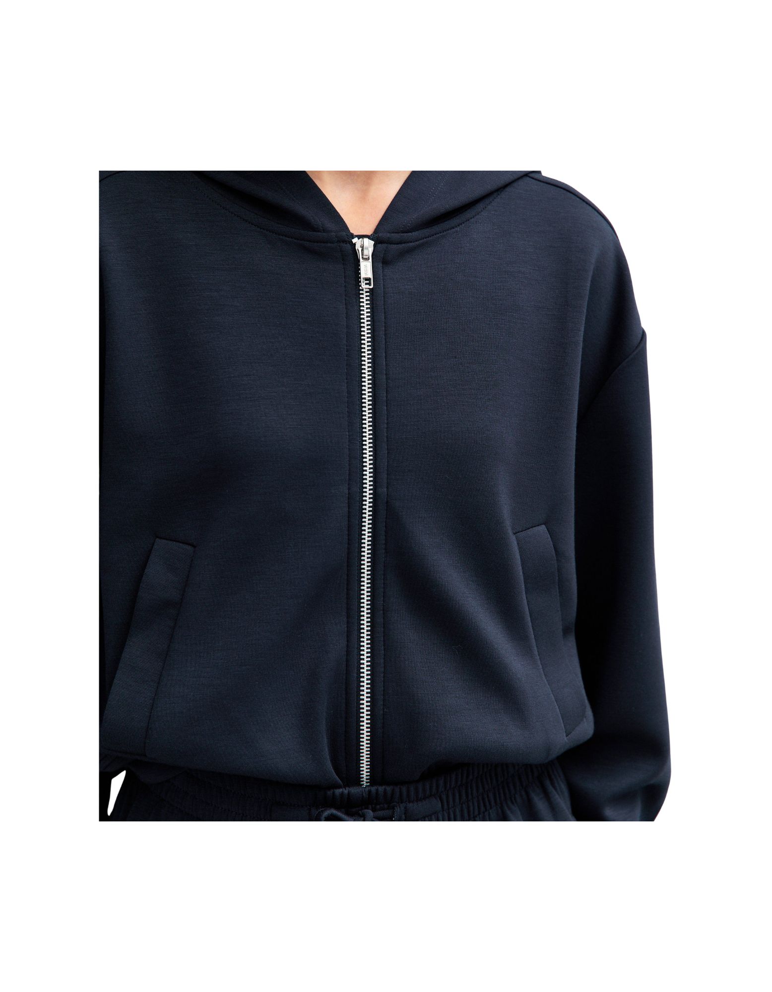 Female model in front-zip hoodie