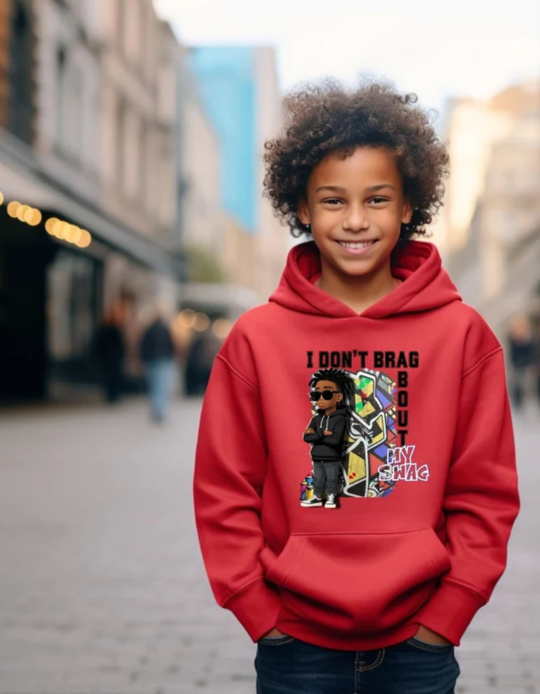 Front view of graphic kids hoodie with stylish printed design