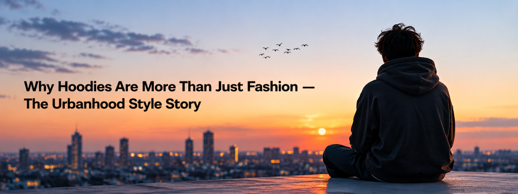 Person in a black hoodie sitting on a rooftop at sunset overlooking a city skyline with the title “Why Hoodies Are More Than Just Fashion — The Urbanhood Style Story”.